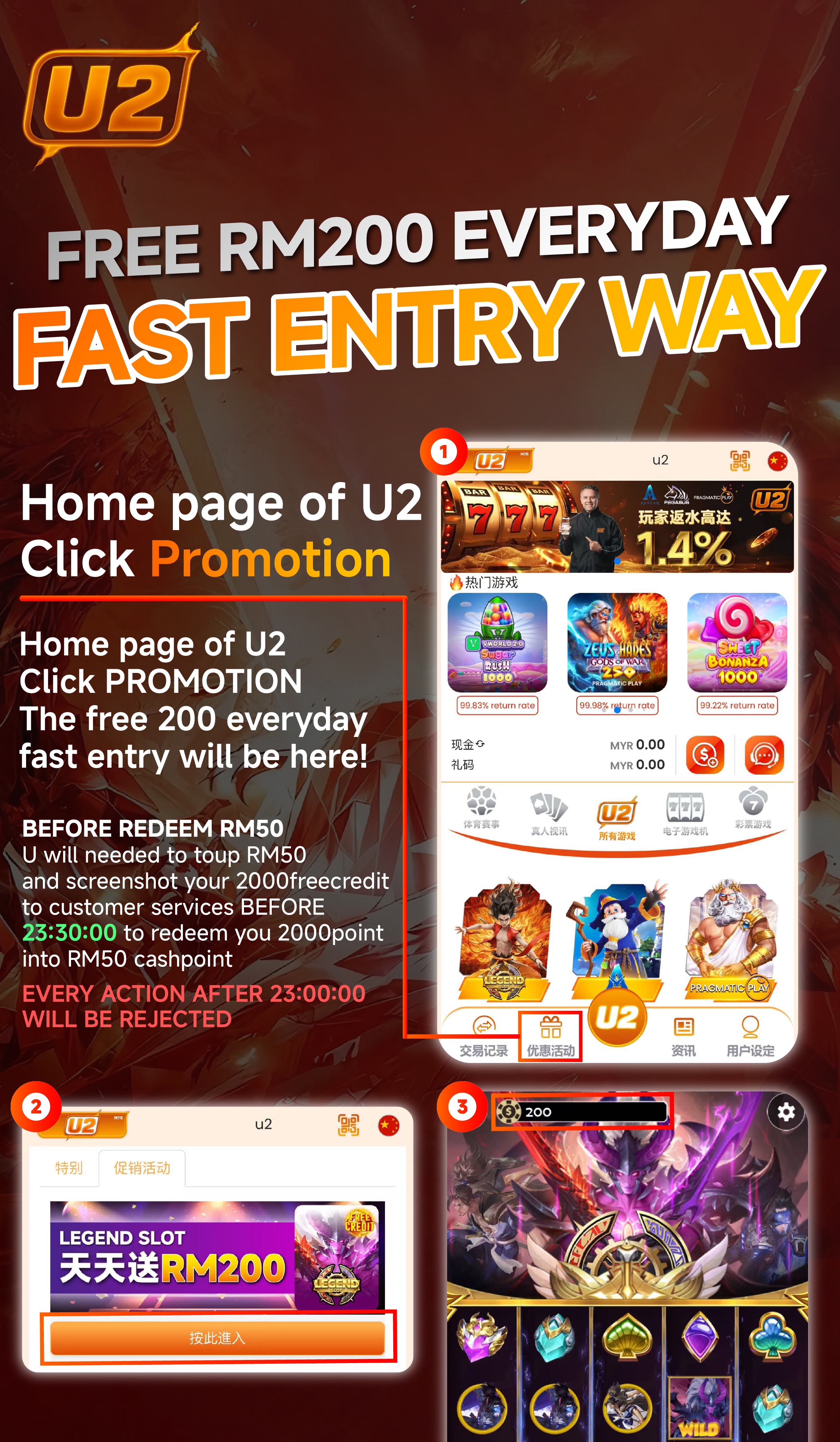 U2 official daily RM200 free reward